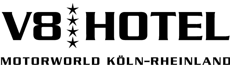 Logo of the V8 Hotel in Motorworld Köln-Rheinland
