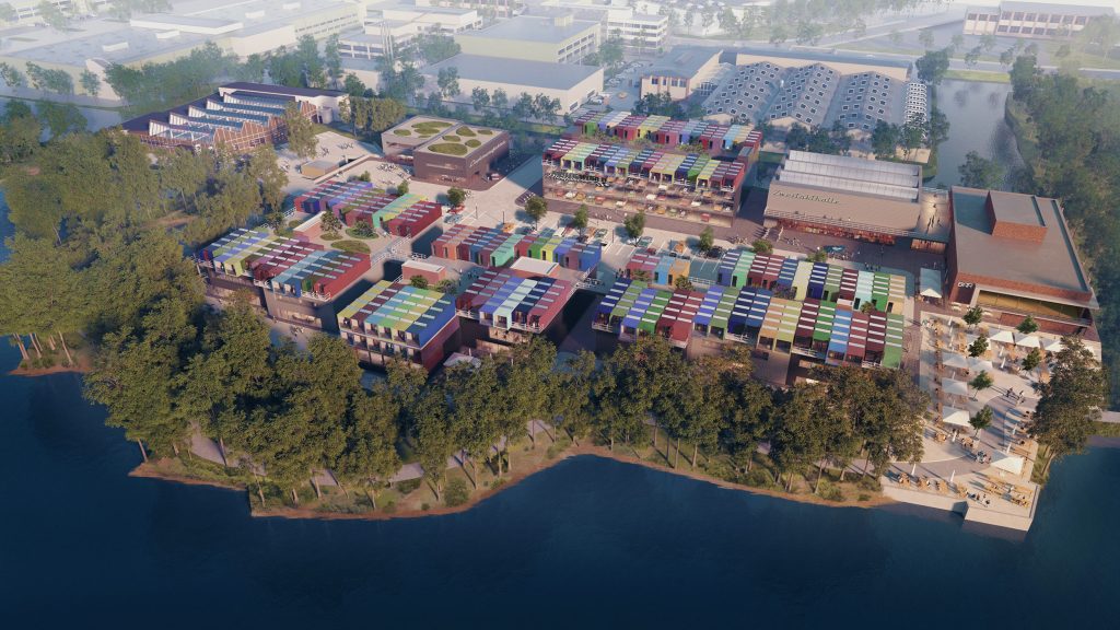 Moderne Eventlocation mit bunten Containern am Wasserufer, umgeben von Bäumen und urbaner Umgebung