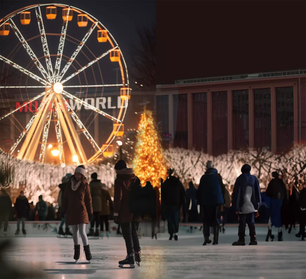 Winterliches Event mit Schlittschuhläufern vor beleuchtetem Riesenrad und Weihnachtsbaum in Eventlocation
