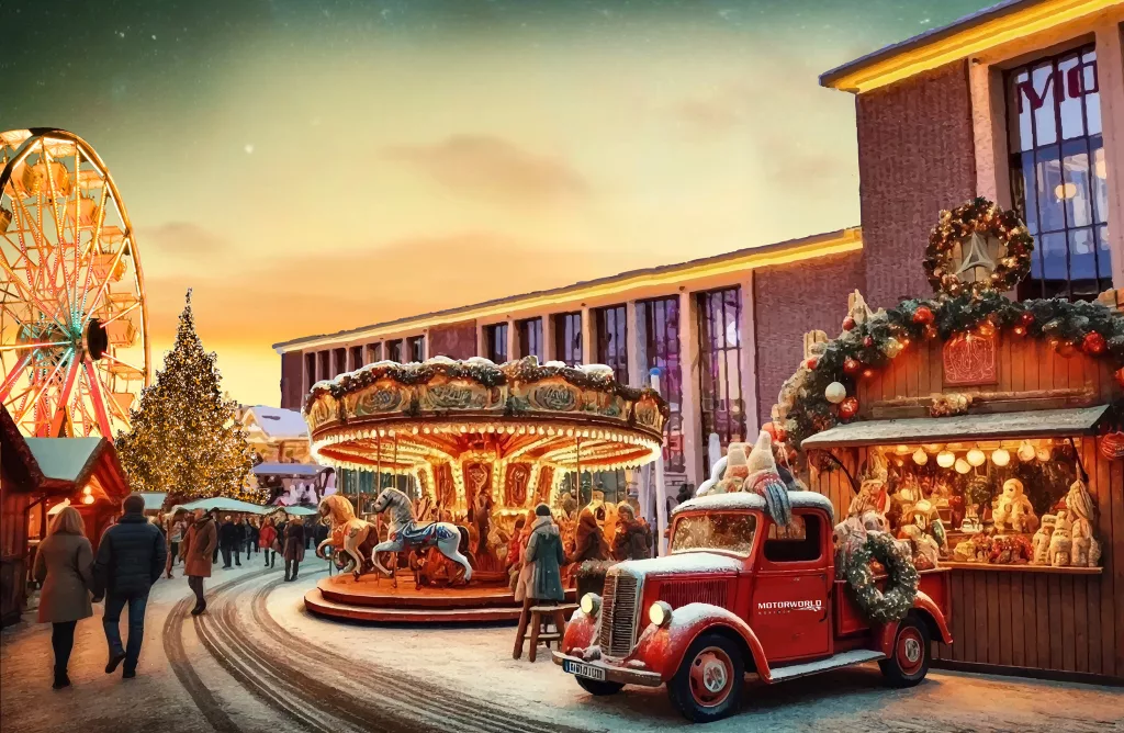 Weihnachtsmarkt mit Karussell, Riesenrad und festlich geschmückter Eventlocation bei Sonnenuntergang