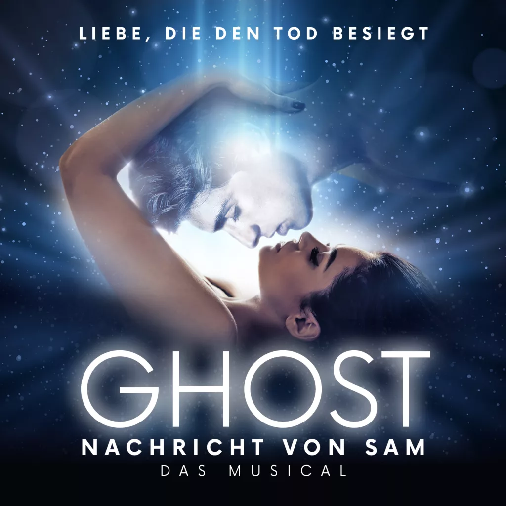 Plakat zum Musical Ghost mit Liebespaar, das sich zärtlich berührt, romantisches Eventmotiv