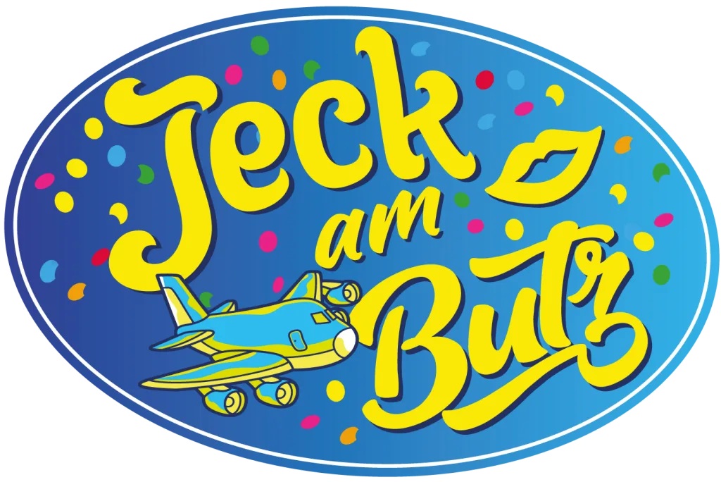 Buntes Logo mit dem Schriftzug Jeck am Butz und einer gelb-blauen Flugzeugillustration auf blauem Oval