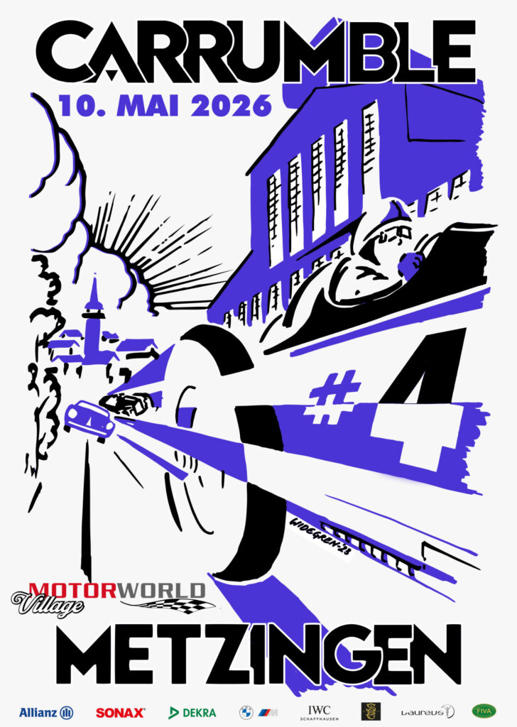 Plakat für das Carrumble-Rennen am 10. Mai 2026 in Metzingen mit Illustration eines Rennwagens Nummer 4 vor einer großen Fabrikhalle, stilisiert in Schwarz und Blau mit Sponsorenlogos am unteren Rand.