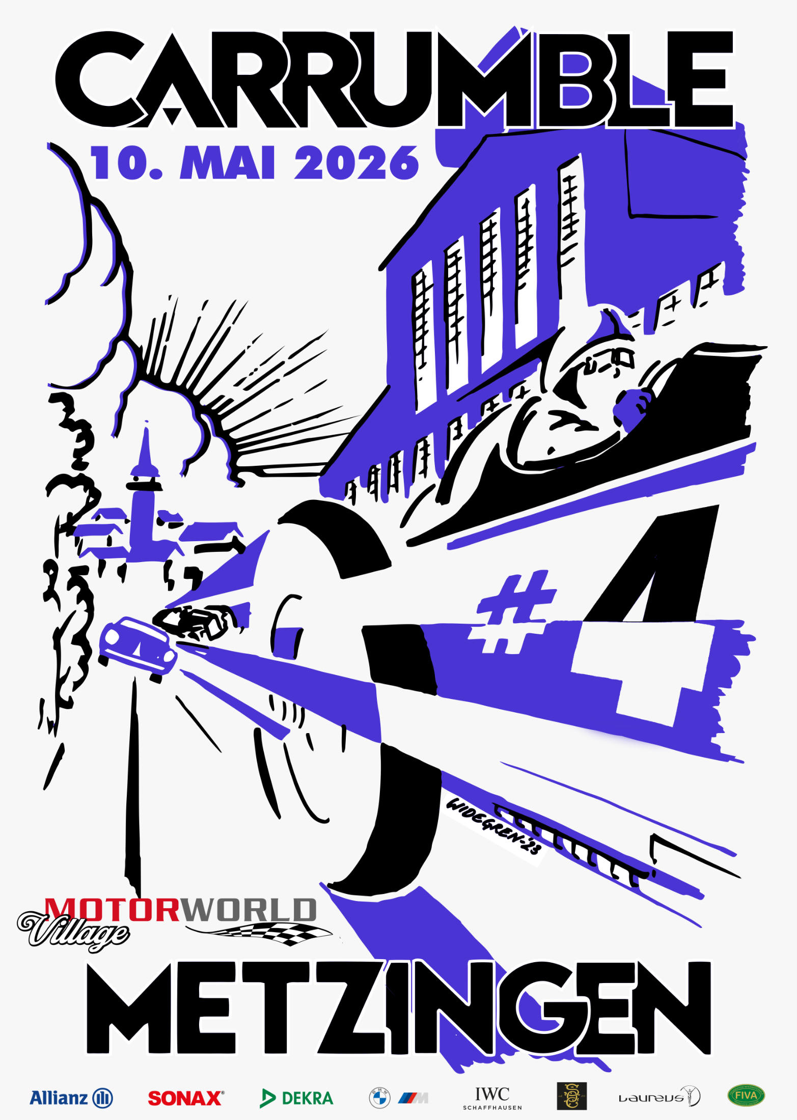 Plakat für das Carrumble-Rennen am 10. Mai 2026 in Metzingen mit Illustration eines Rennwagens Nummer 4 vor einer großen Fabrikhalle, stilisiert in Schwarz und Blau mit Sponsorenlogos am unteren Rand.