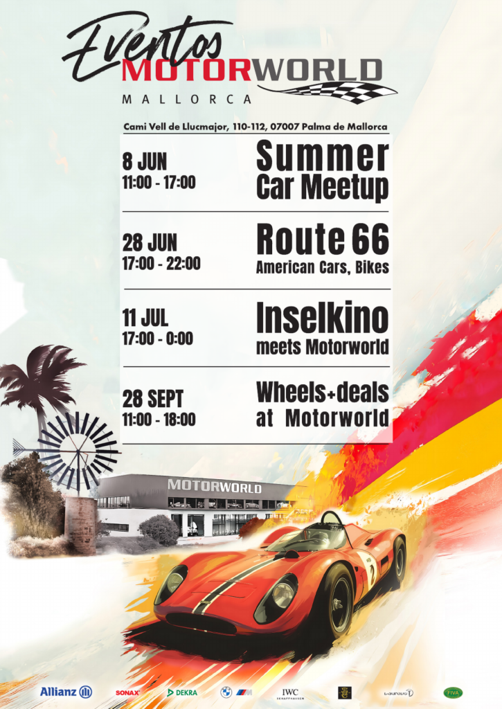 Flyer with event dates for Motorworld Mallorca event location and classic red sports car in front of the building