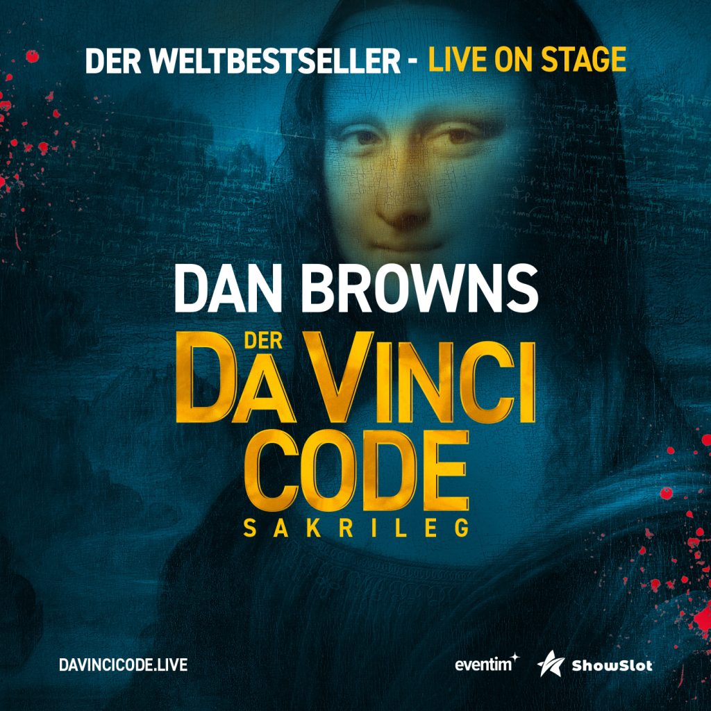 Plakat für Dan Browns Event live on stage mit Mona Lisa und Titel Der Da Vinci Code Sakrileg