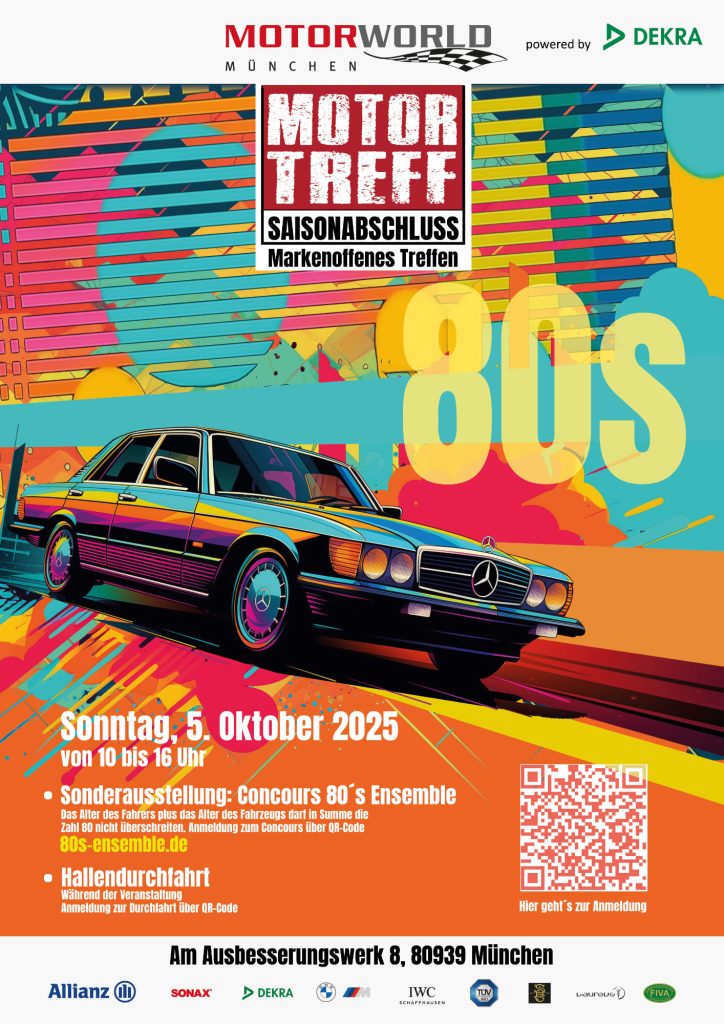 Bunte Werbegrafik für das 80er Jahre Motor Treff Event am 5. Oktober 2025 in München mit Mercedes-Benz Oldtimer vor abstraktem Hintergrund