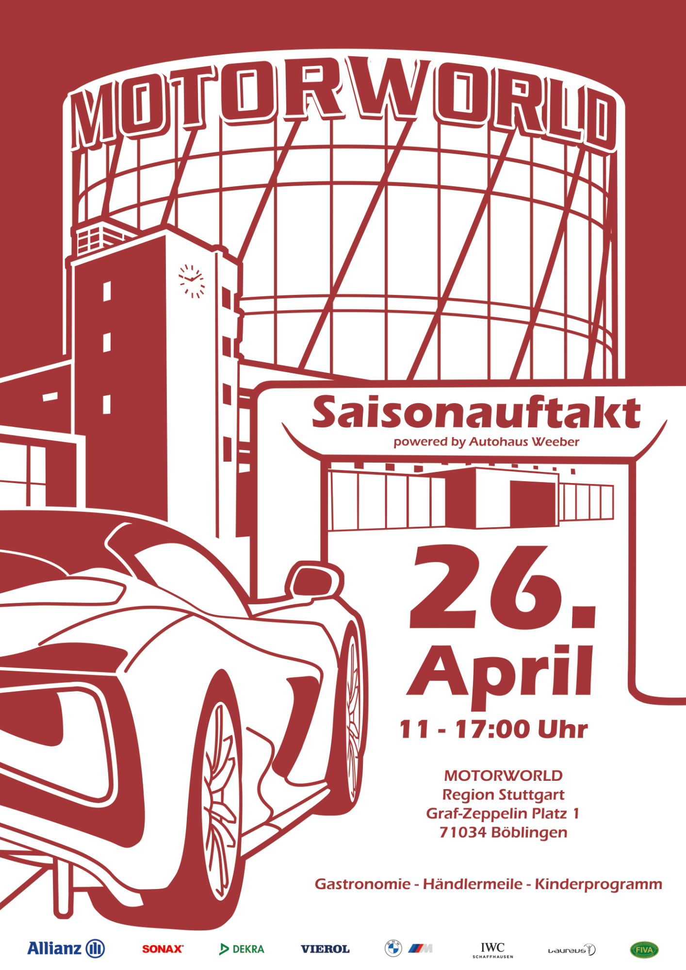 Illustration eines Sportwagens vor dem Motorworld-Gebäude mit Text "Saisonauftakt 26. April" und Veranstaltungsinfos.