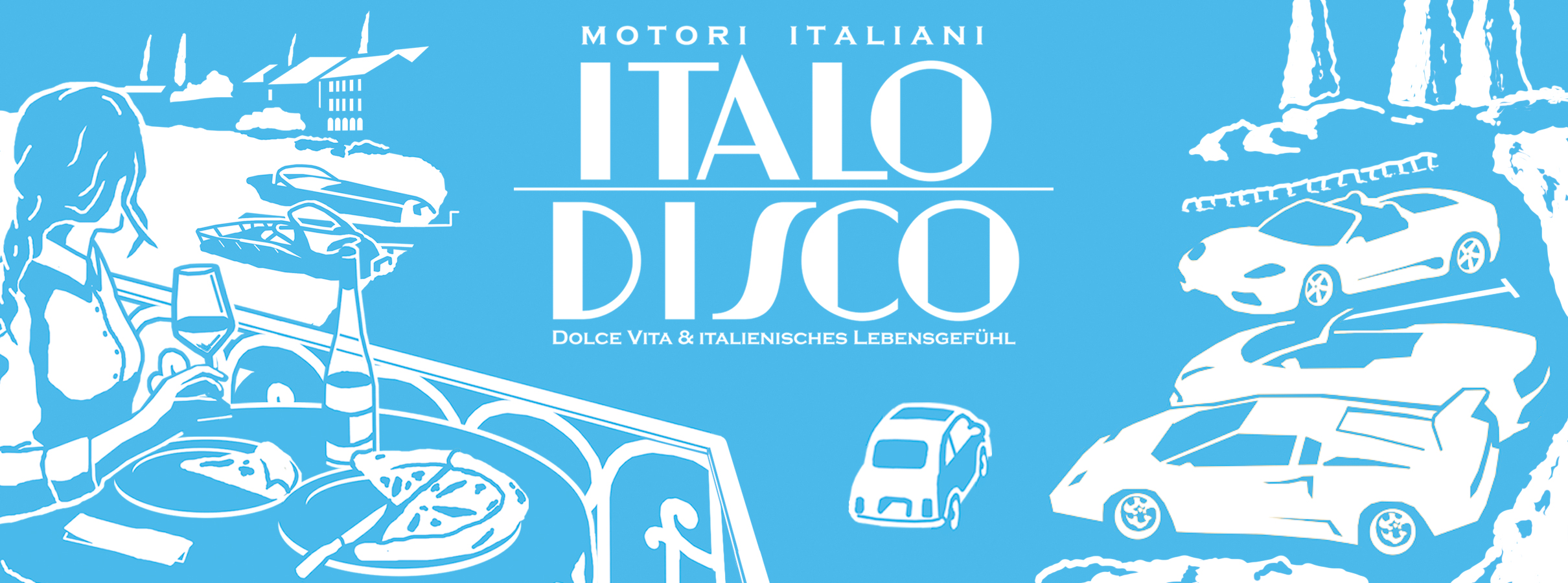 Grafik mit „ITALO DISCO“, italienischen Autos und einer Frau beim Essen im Retro-Stil