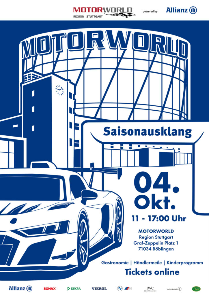 Plakat für das Motorworld-Saisonausklang-Event am 4. Oktober in Böblingen mit Uhrzeit, Ort und Logos