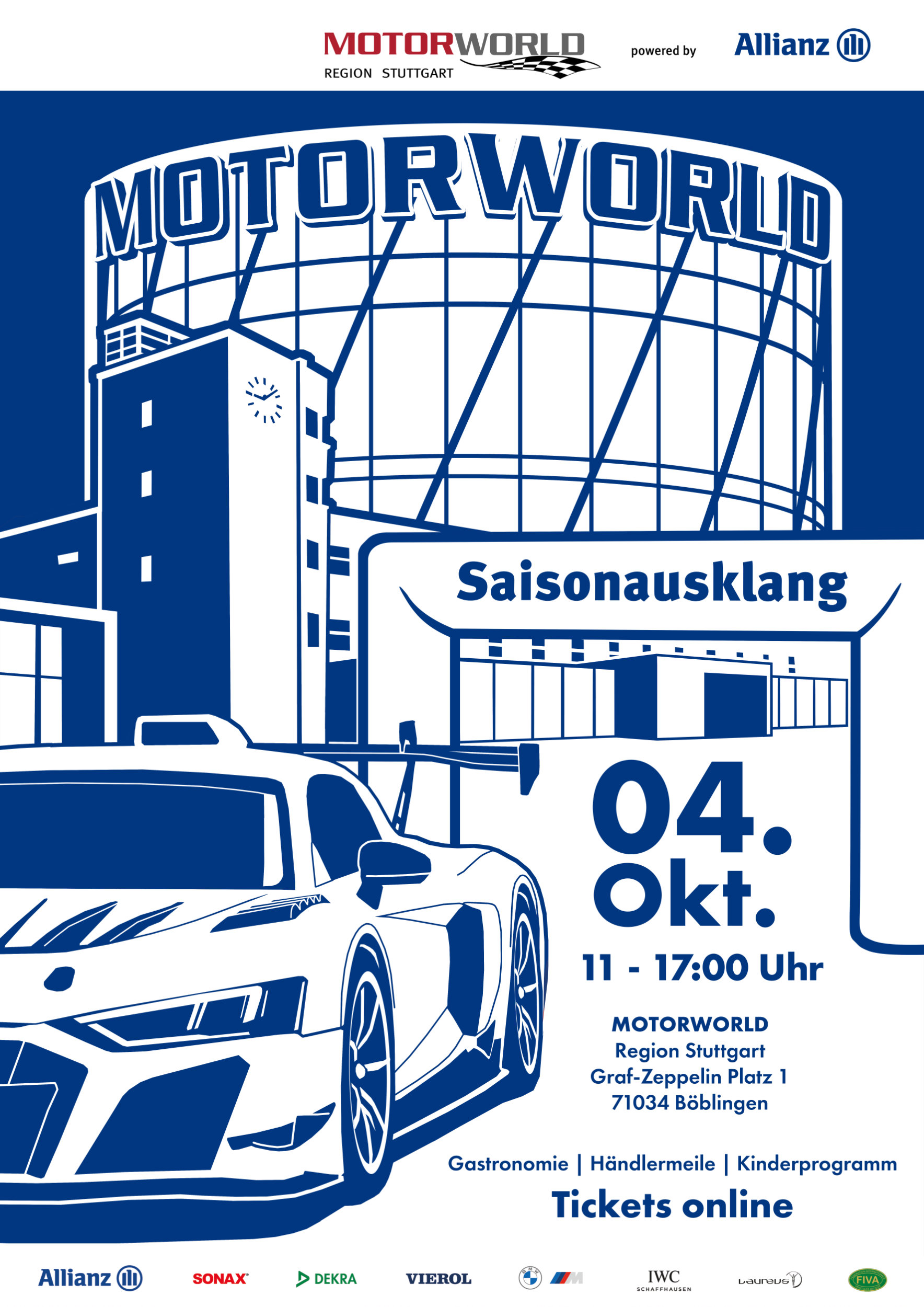 Plakat für das Motorworld-Saisonausklang-Event am 4. Oktober in Böblingen mit Uhrzeit, Ort und Logos