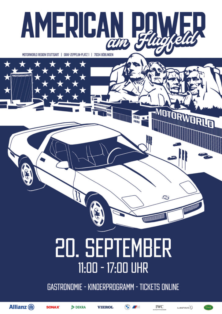 Plakat für „American Power am Flugfeld“ mit Corvette, Datum 20. September und Uhrzeit 11–17 Uhr