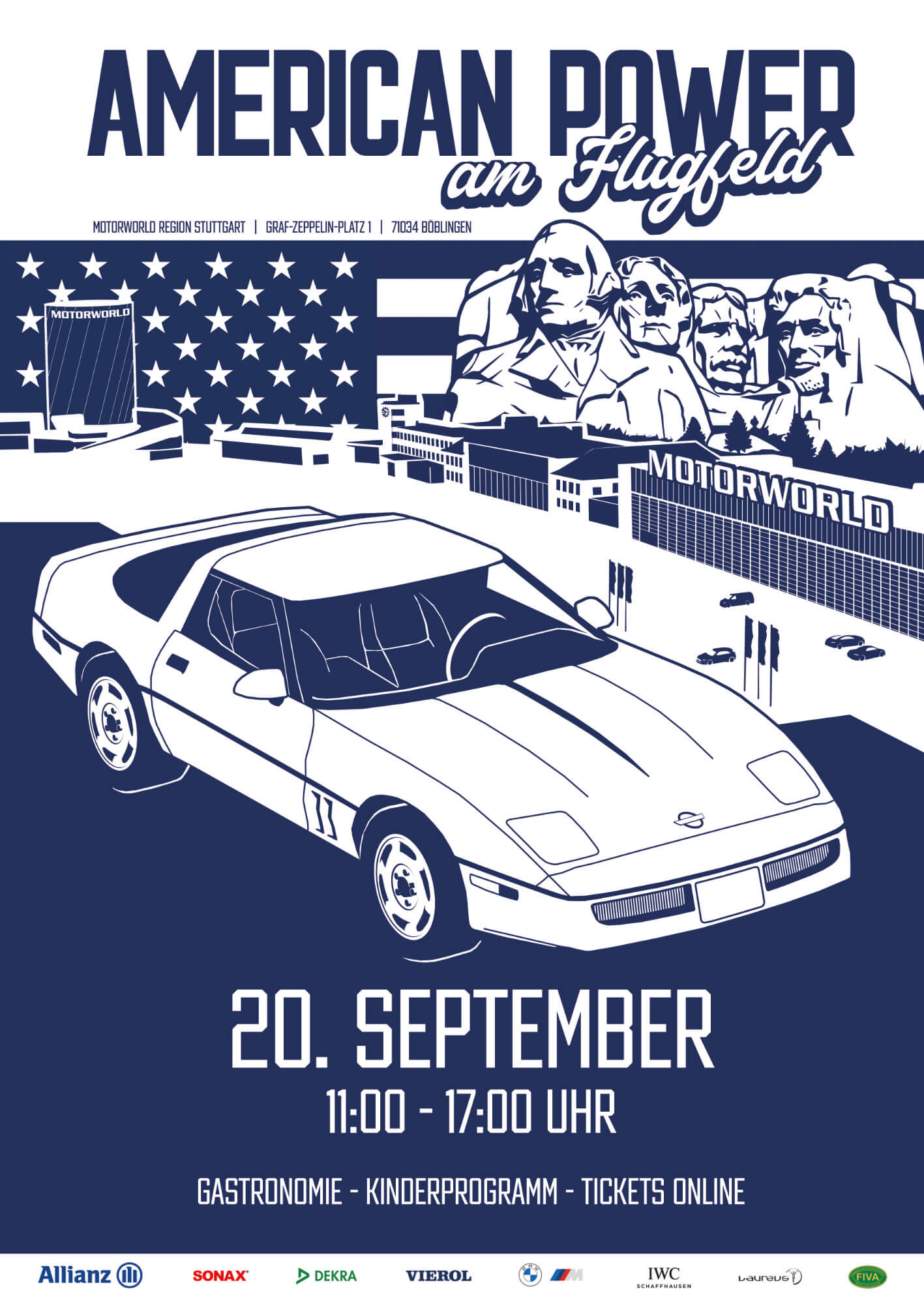 Plakat für „American Power am Flugfeld“ mit Corvette, Datum 20. September und Uhrzeit 11–17 Uhr