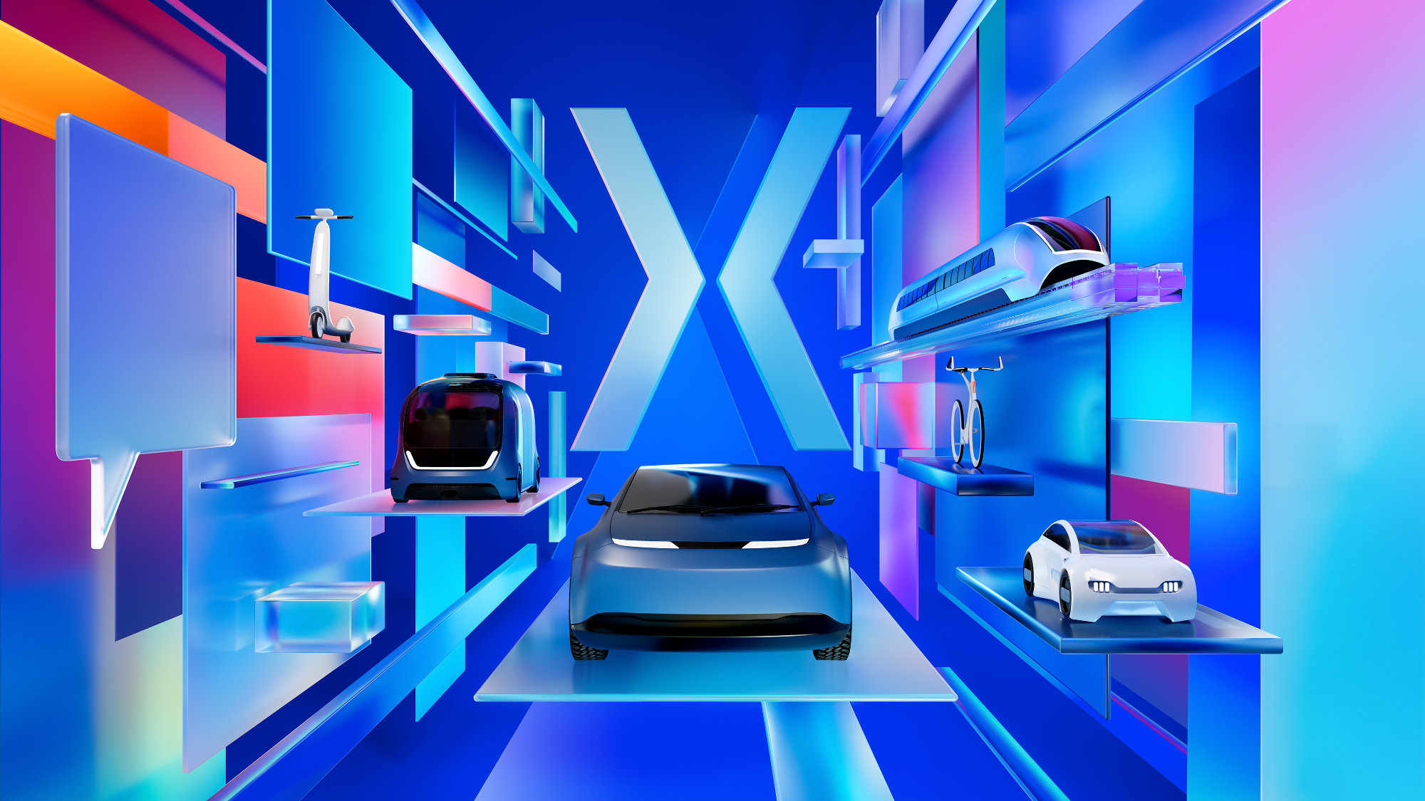 Futuristisches digitales Design in Blau- und Lilatönen mit verschiedenen Fahrzeugen wie Autos, Train, Roller und Fahrrädern, die auf schwebenden Plattformen dargestellt sind, vor einem großen stilisierten X im Hintergrund.