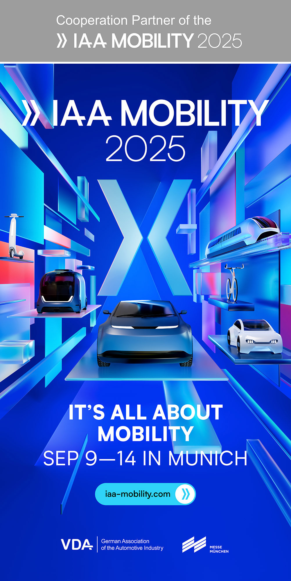Werbeplakat für IAA Mobility 2025 mit futuristischen Fahrzeugmodellen auf leuchtend blauen und pink getönten Plattformen, Textinformationen zum Termin 9. bis 14. September in München und Logos von VDA und Messe München.