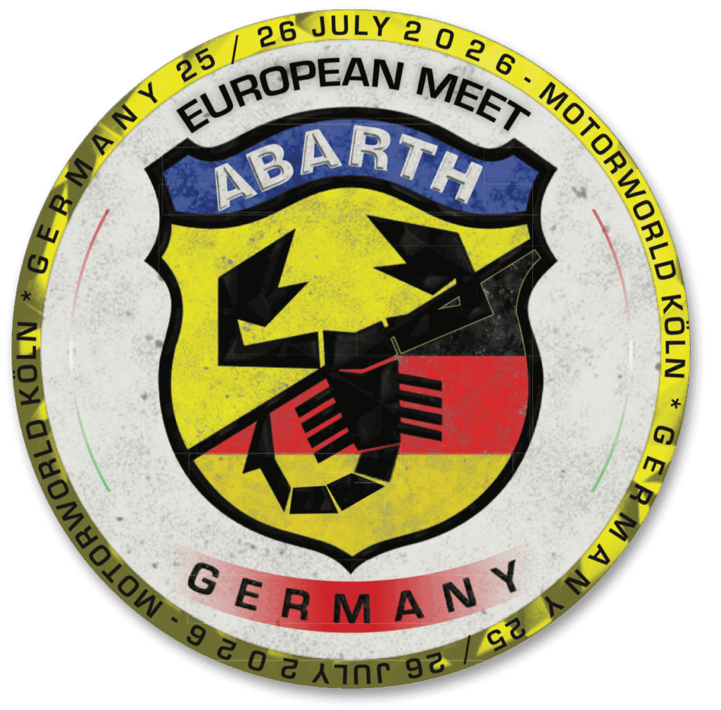 Rundes Logo mit dem Abarth-Wappen in der Mitte, darüber der Schriftzug "European Meet", darunter "Germany"; ein gelber Ring am Rand zeigt das Datum "25/26 Juli 2026" und den Veranstaltungsort "Motorworld Köln".