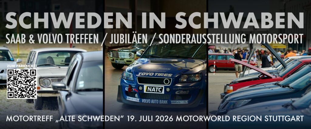 Plakat für das Saab- und Volvo-Treffen „Schweden in Schwaben“ mit Autos und QR-Code