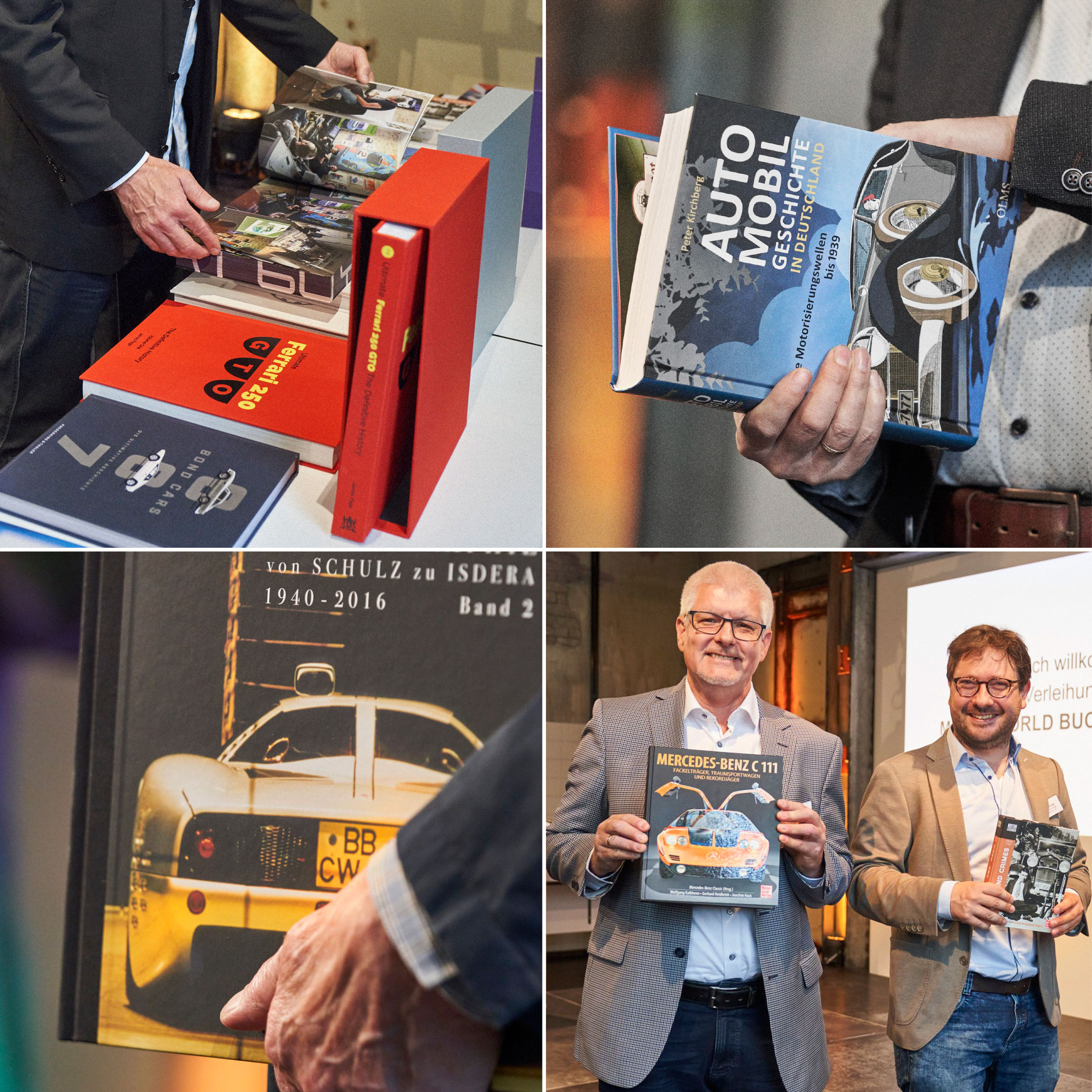 Collage aus vier Bildern, die Bücher und Menschen zeigen: oben links eine Person, die durch ein aufgeschlagenes Buch blättert, daneben mehrere Bücher über Autos auf einem Tisch; oben rechts eine Person hält ein Buch mit dem Titel "Automobil Geschichte in Deutschland"; unten links eine Person hält ein Buch mit einem Foto eines gelben Sportwagens auf dem Cover; unten rechts zwei Männer stehen nebeneinander, halten Bücher und lächeln in die Kamera, einer zeigt ein Buch über den Mercedes-Benz C 111.