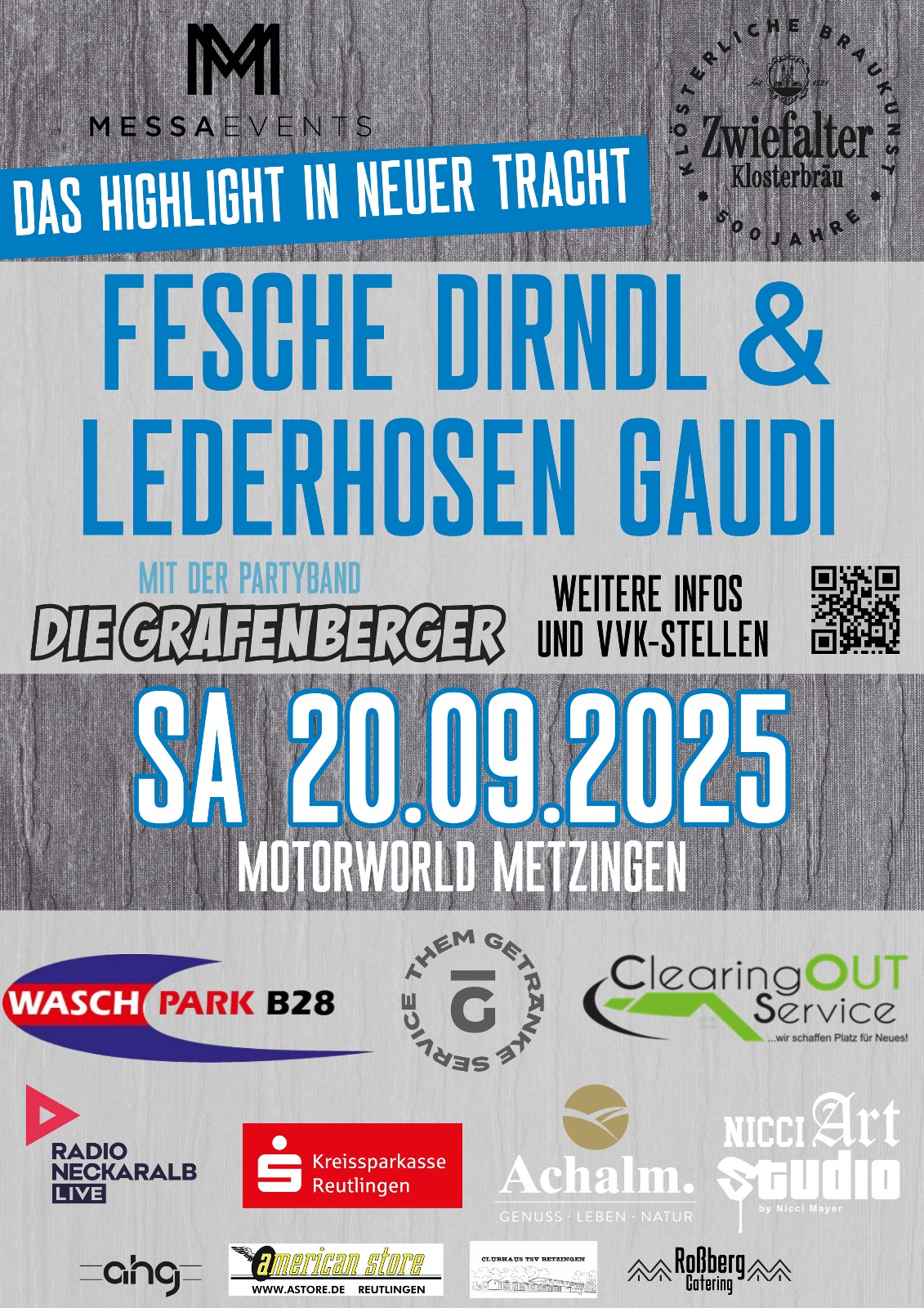 Veranstaltungsplakat für "Fesche Dirndl & Lederhosen Gaudi" am Samstag, 20.09.2025 in der Motorworld Metzingen mit der Partyband "Die Grafenberger", inklusive Logos von Sponsoren und Veranstaltern auf grauem Holzhintergrund.