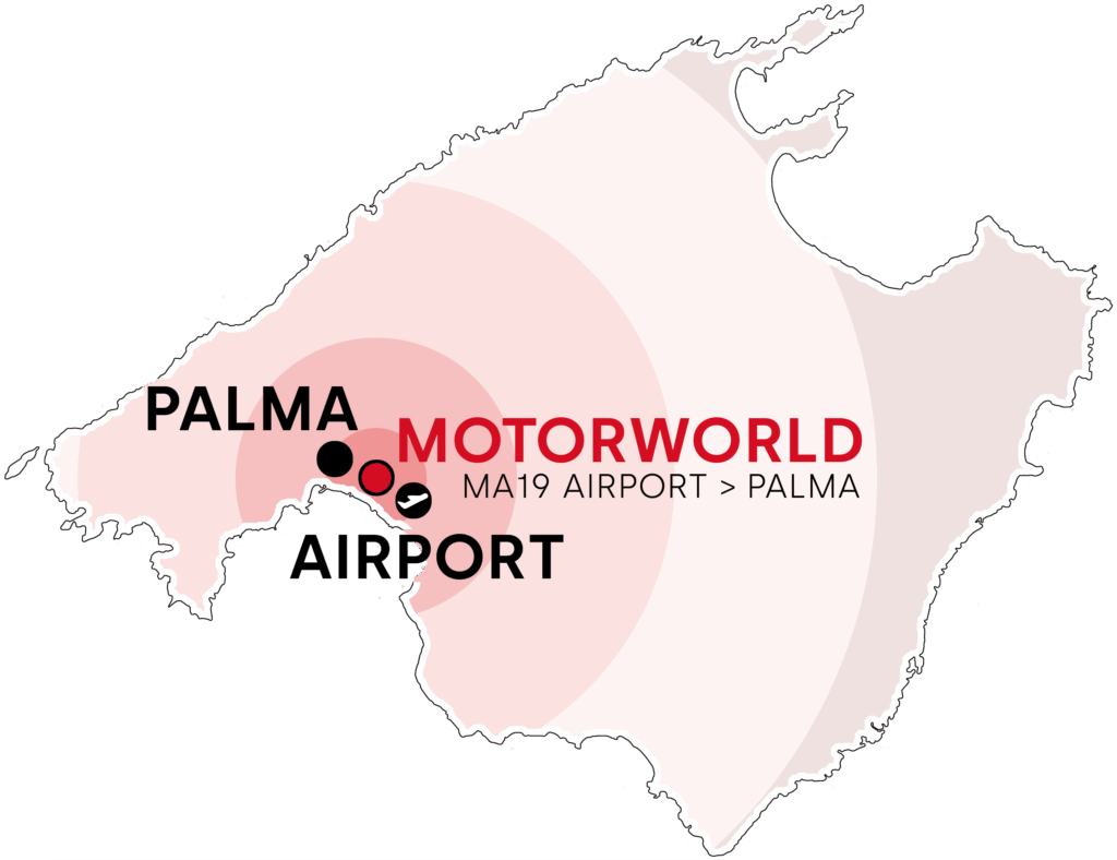 Karte der Insel Mallorca mit Hervorhebung von Palma, Flughafen und dem Standort Motorworld nahe dem Flughafen Palma, dargestellt durch Kreise und Text mit rotem Schwerpunkt.