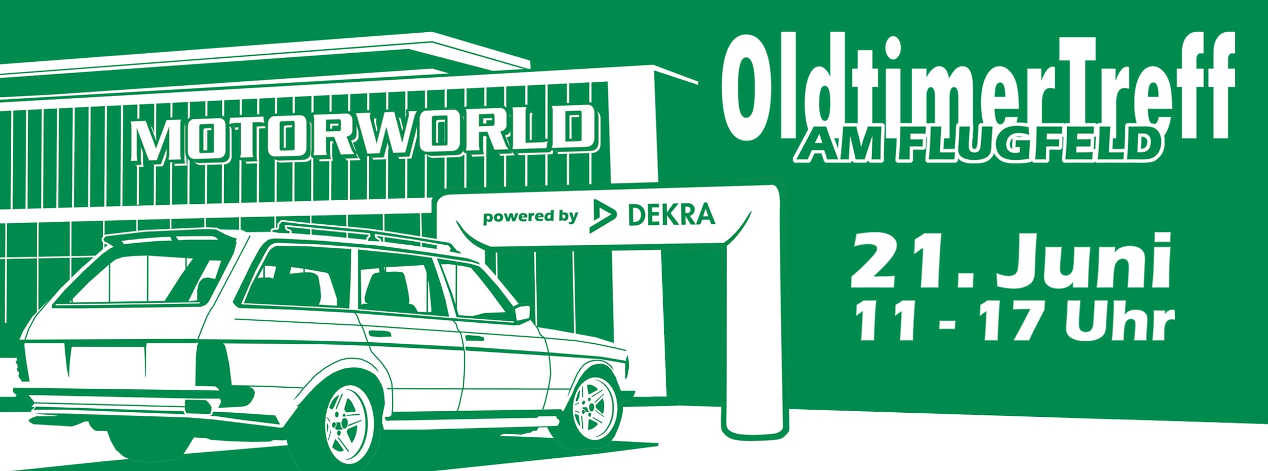Grünes Eventplakat mit Oldtimertreff am Flugfeld, Motorworld und Datum 21. Juni, 11–17 Uhr