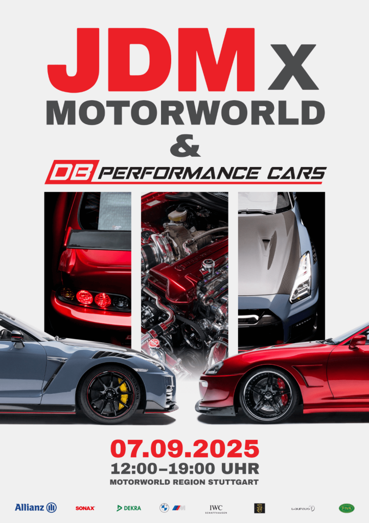 Werbeplakat für JDM x MOTORWORLD & DB Performance Cars Event am 07.09.2025 von 12 bis 19 Uhr in der Motorworld Region Stuttgart mit zwei Rennsportwagen, einem roten und einem grauen, seitlich begrüßt von Bildern eines roten Heckteils, eines Motorraums und eines grauen Frontteils eines Fahrzeugs, davor Logos von Allianz, Sonax, Dekra, BMW M, IWC Schaffhausen, und weiteren Sponsoren.