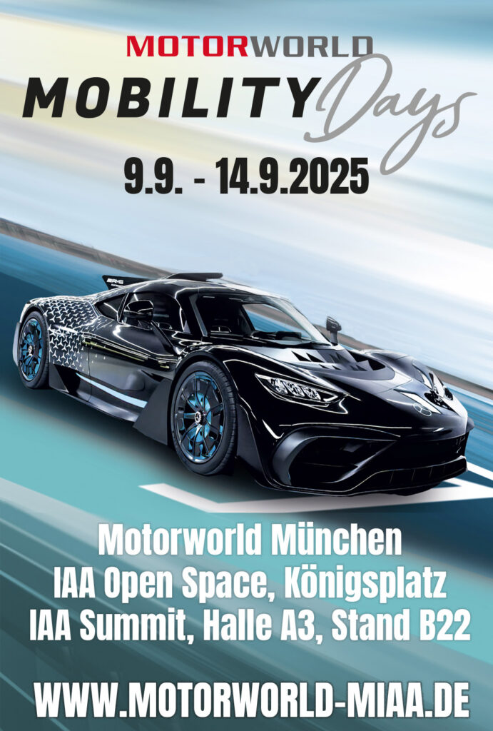 Werbeplakat für Motorworld Mobility Days vom 9. bis 14. September 2025 mit einem schwarzen Sportwagen, Veranstaltungsort Motorworld München, IAA Open Space Königsplatz, IAA Summit Halle A3 Stand B22 und Webseite www.motorworld-miaa.de