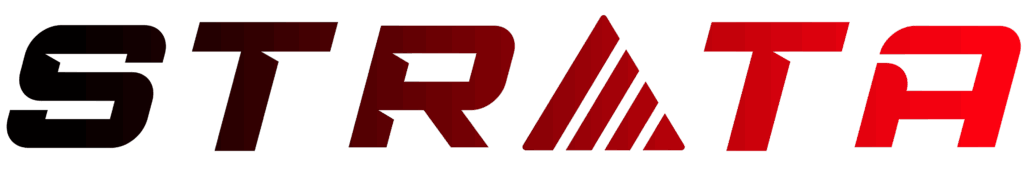 Schriftzug STRATA in fetter, moderner Schrift mit einem stilisierten Bergsymbol in der Mitte, Farbverlauf von Schwarz zu Rot von links nach rechts