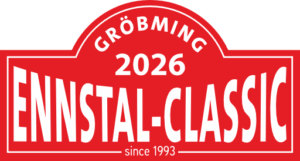 Rotes Logo mit weißer Schrift für das Ennstal-Classic Automobil-Event, mit dem Text Gröbming 2026, Ennstal-Classic und since 1993