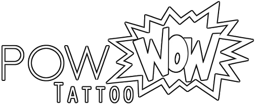 Schwarz-weißes Logo mit dem Text ‚POW WOW TATTOO‘, wobei ‚WOW‘ in einer sternförmigen Sprechblase hervorgehoben ist.