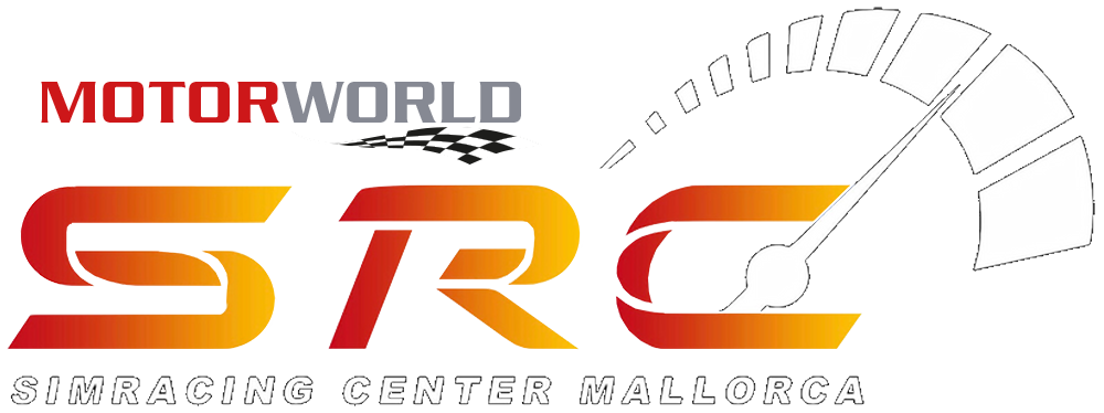 Logo von MOTORWORLD Mallorca mit stilisiertem Schriftzug SRC und einem Tachometer als grafischem Element, darunter der Text SIMRACING CENTER MALLORCA