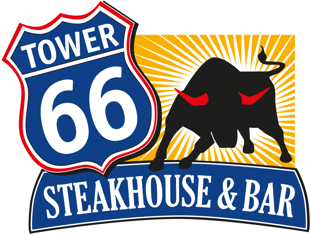 Logo von Tower 66 Steakhouse & Bar mit einem blauen Schild und einer schwarzen Stier-Silhouette mit roten Hörnern vor einem gelb-weißen Strahlenhintergrund.