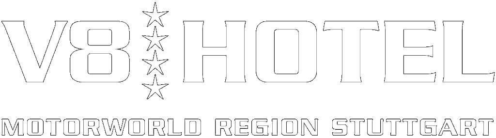 Logo des V8 Hotels Motorworld Region Stuttgart mit weißen Schriftzügen und vier weißen Sternen zwischen V8 und HOTEL auf schwarzem Hintergrund