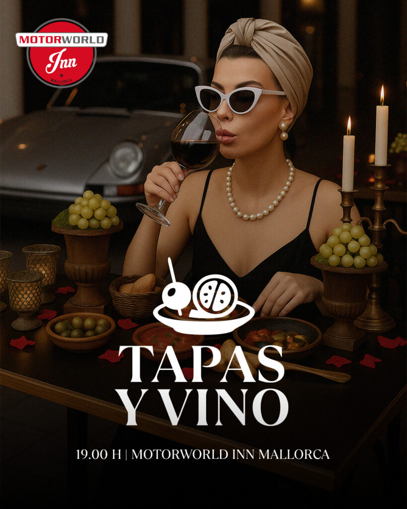 Elegant woman with pearl necklace and hairband drinking red wine at a table with candles and grapes, in the background a classic car; text "Tapas y Vino" and event details Motorworld Inn Mallorca 7:00 pm