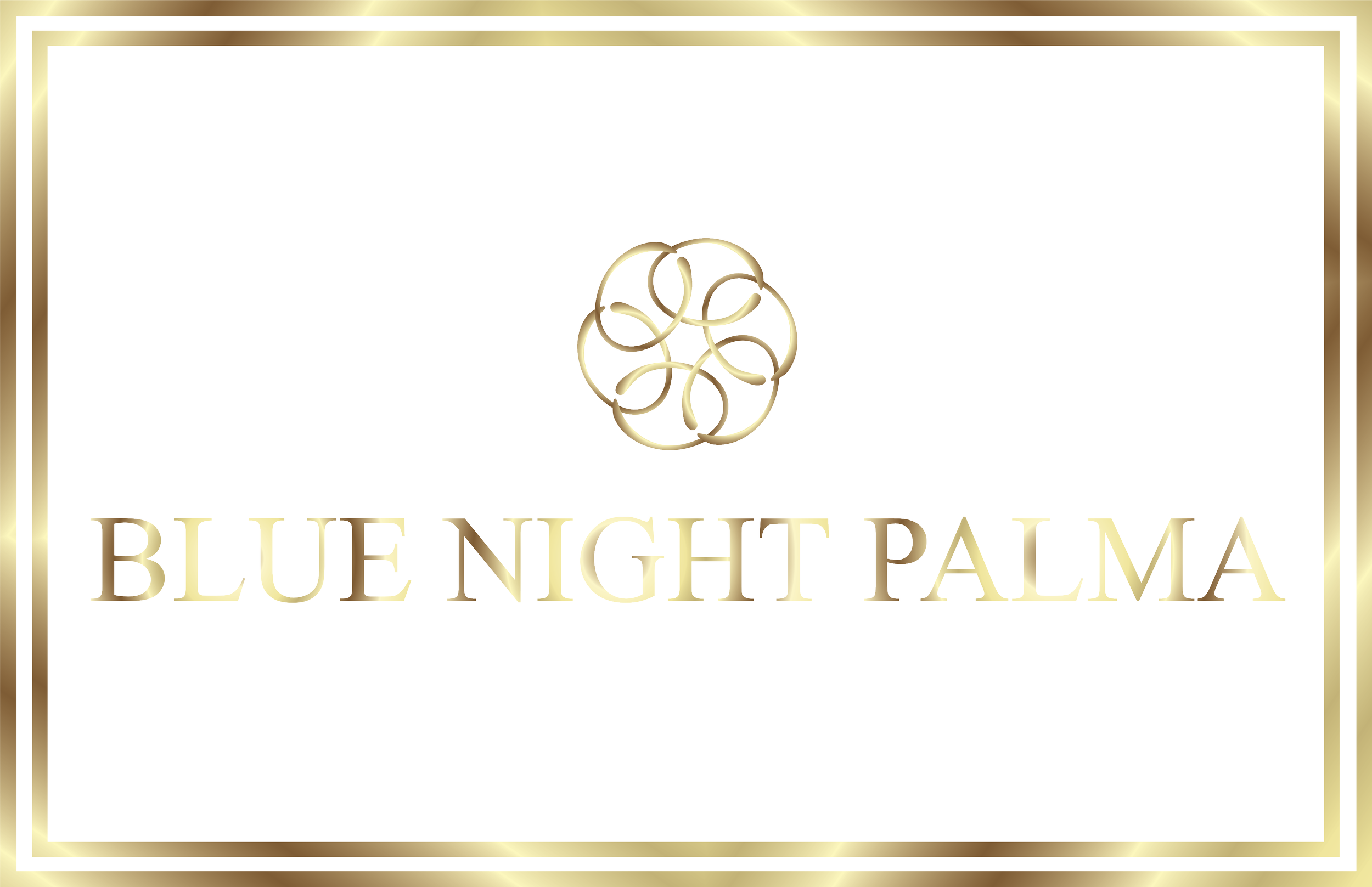 Logo mit goldenem Rahmen und einem stilisierten, verschlungenen Kreis über dem Text "BLUE NIGHT PALMA" in goldener Farbgebung auf weißem Hintergrund