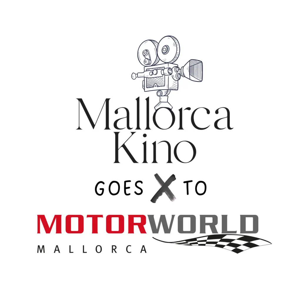 Logotipo de Mallorca Kino con una cámara de cine dibujada, debajo el texto 'GOES X TO' y el logotipo de MOTORWORLD Mallorca con letras rojas y grises y un dibujo de bandera de carreras en blanco y negro.