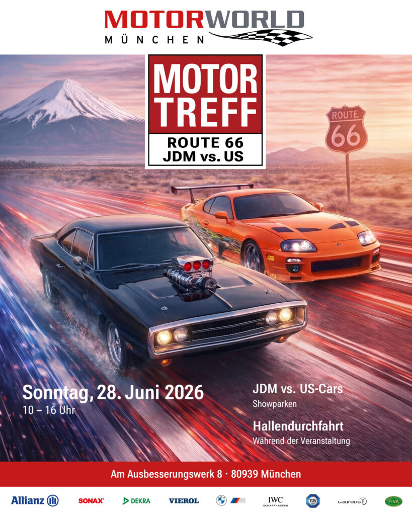 Motortreff-Poster mit zwei Sportwagen auf Route 66 und Terminangaben in München
