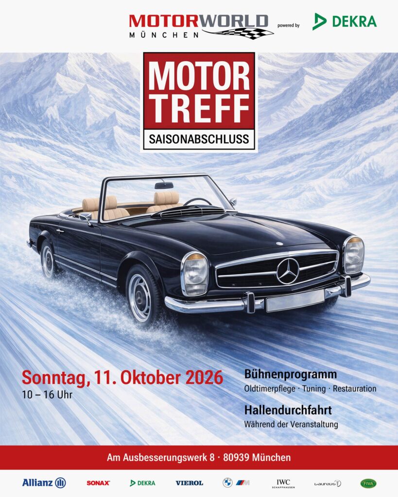 Plakat für das Motorworld München Saisonabschluss-Treffen mit klassischem Cabrio und Veranstaltungsinfos
