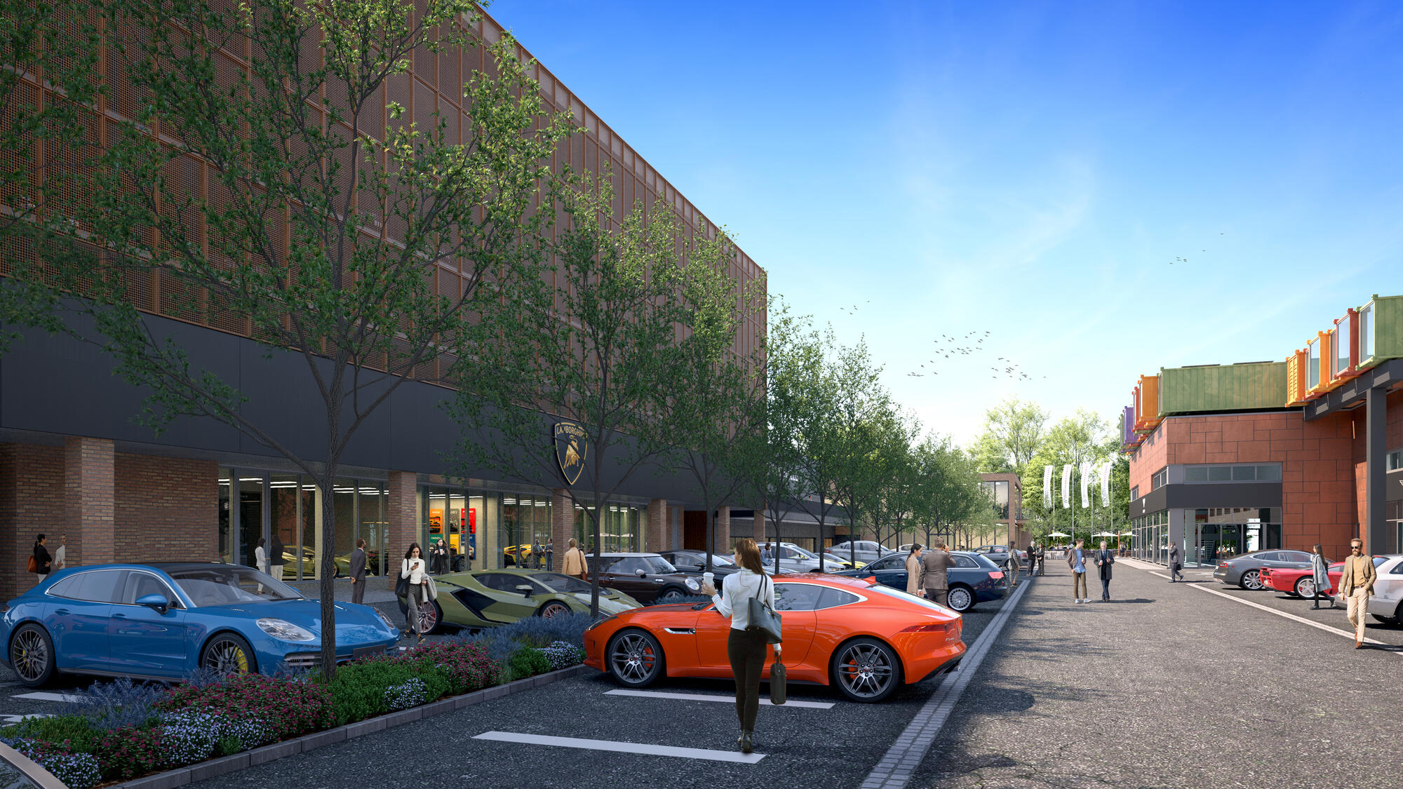 Street scene with parking lots in front of modern buildings, on the left are luxury cars such as an orange sports car and a green Lamborghini, and visitors exploring the surroundings, under a blue sky with few clouds and trees on the sidewalk.