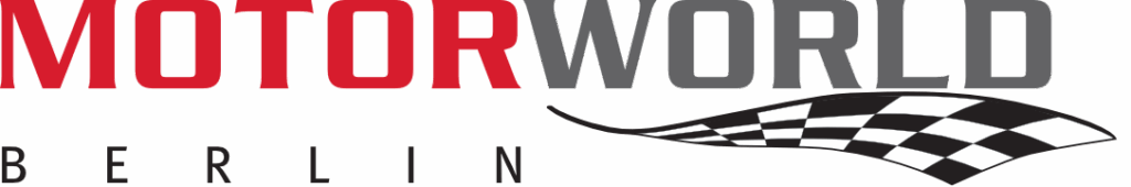 Logo with the lettering MOTORWORLD BERLIN, with MOTOR written in red and WORLD in gray, below BERLIN in black, on the right a curved black and white checkered target flag pattern