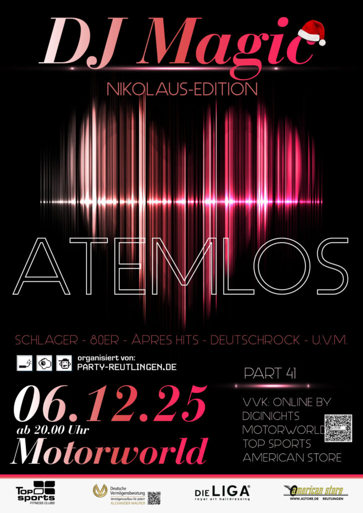 Schwarzer Veranstaltungsposter für DJ Magic Nikolaus-Edition mit pinkem Herz in Audio-Wellenform und Text zu einem Event am 06.12.25 ab 20 Uhr in Motorworld, mit Genres wie Schlager, 80er, Après Hits und Deutschrock, organisiert von Party-Reutlingen.de, mit Partnern und QR-Codes am unteren Rand.