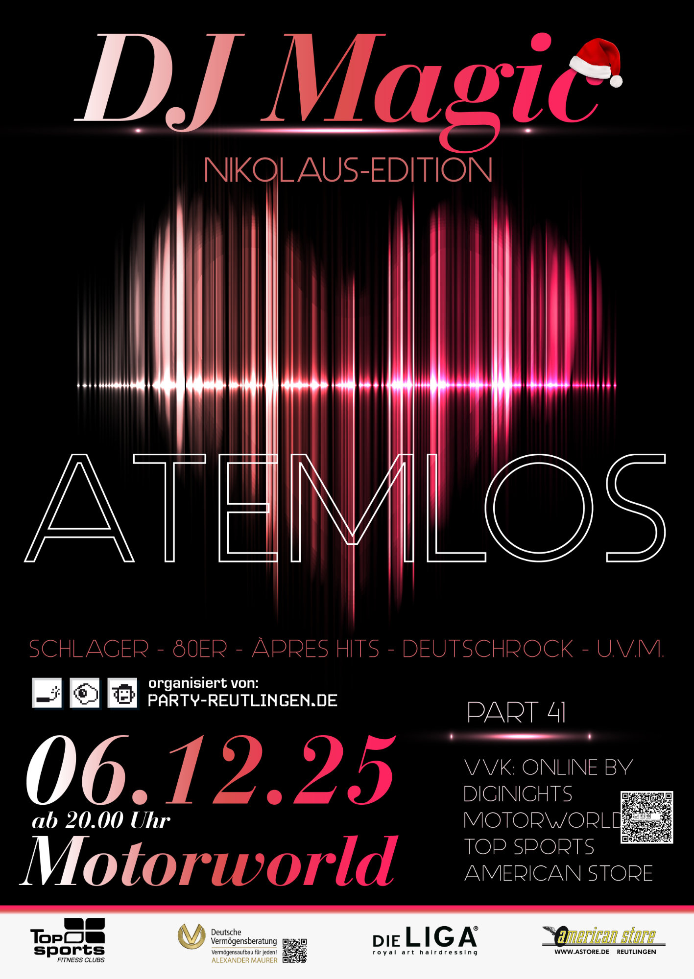 Schwarzer Veranstaltungsposter für DJ Magic Nikolaus-Edition mit pinkem Herz in Audio-Wellenform und Text zu einem Event am 06.12.25 ab 20 Uhr in Motorworld, mit Genres wie Schlager, 80er, Après Hits und Deutschrock, organisiert von Party-Reutlingen.de, mit Partnern und QR-Codes am unteren Rand.