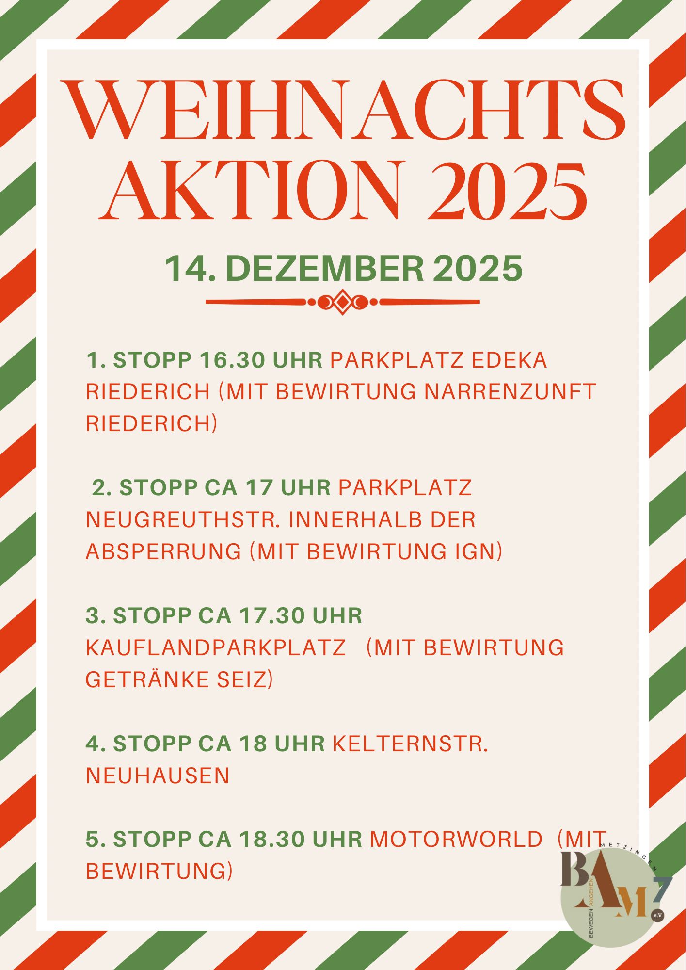 Plakat zur Weihnachtsaktion 2025 am 14. Dezember 2025 mit fünf Haltestellen und Uhrzeiten auf farbig gestreiftem Hintergrund in Rot und Grün, inklusive Parkplätzen und Bewirtungshinweisen.