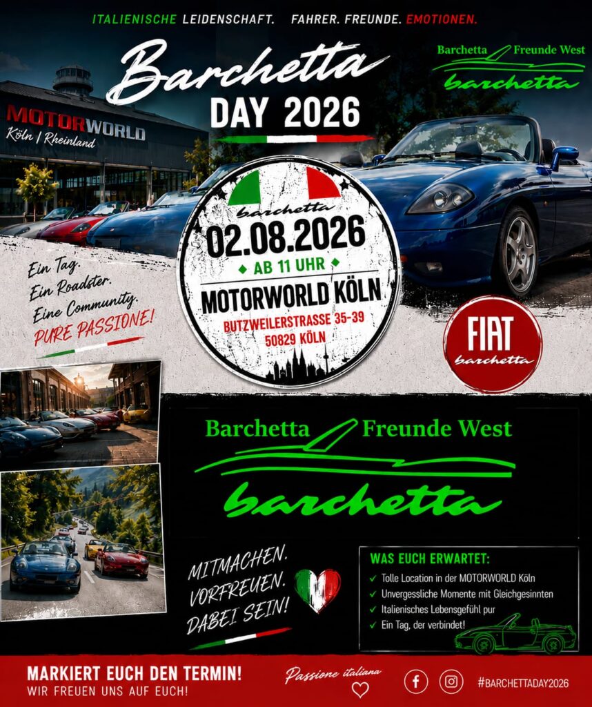 Plakat für Barchetta Day 2026 in Köln mit sportlichen Fiat-Roadstern und Eventdetails