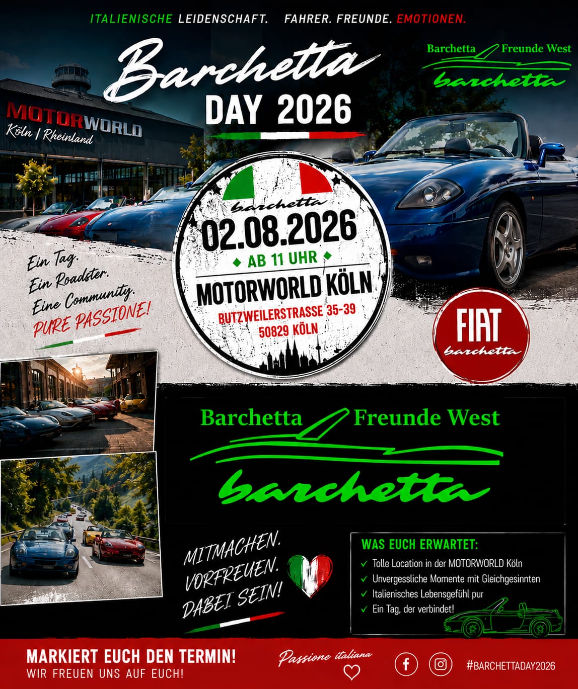 Plakat für Barchetta Day 2026 in Köln mit sportlichen Fiat-Roadstern und Eventdetails