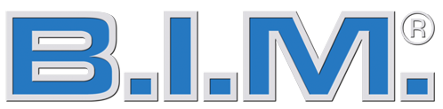 Logo mit dem Text B.I.M. in blauer und grauer Schrift mit einem Registrierungszeichen® oben rechts neben dem Buchstaben M
