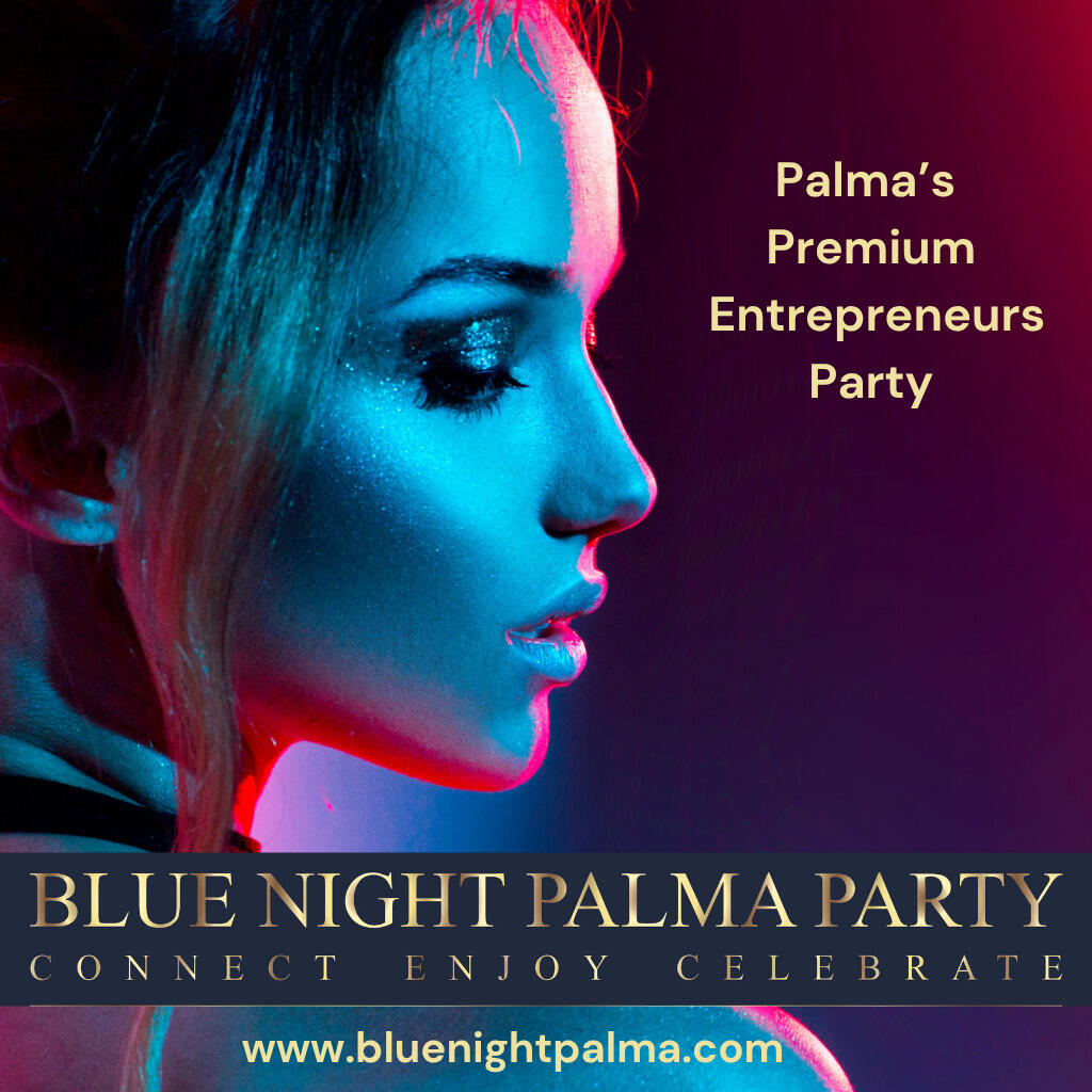 Porträt einer Frau im blauen und pinken Licht mit Text zur Blue Night Palma Party und Palma's Premium Entrepreneurs Party, inklusive Website www.bluenightpalma.com.