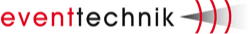 Logo mit dem Wort "eventtechnik" in roter und schwarzer Schrift und drei roten, geschwungenen Linien rechts davon