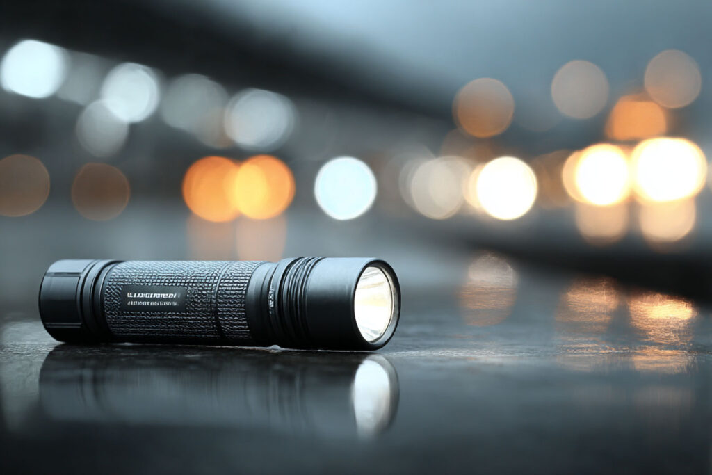 Schwarze Taschenlampe mit strukturierter Oberfläche liegt auf glattem, reflektierendem Untergrund mit unscharfen, orange-weißen Lichtern im Hintergrund