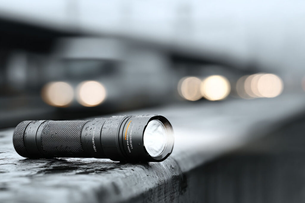 Schwarze Taschenlampe mit eingeschaltetem Licht liegt auf einer nassen Oberfläche im Freien, unscharfer Hintergrund mit vorbeifahrenden Autos und Lichtern bei Dämmerung oder Regenwetter